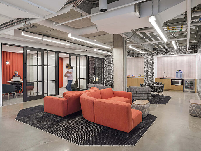 Creative Office Pavilion Boston Dynamics Lounge area with meeting and huddle rooms to support collaboration