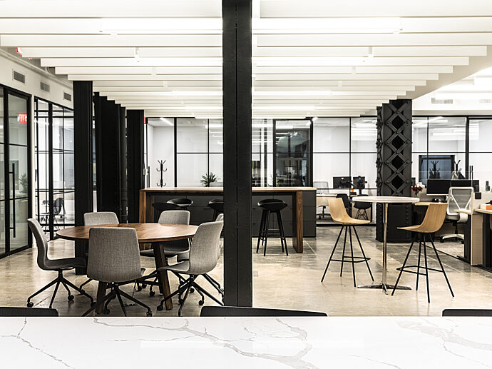 New York City Office Real Estate Client Meeting Cafe Area Breakout Collaboration in Open Plan Office
